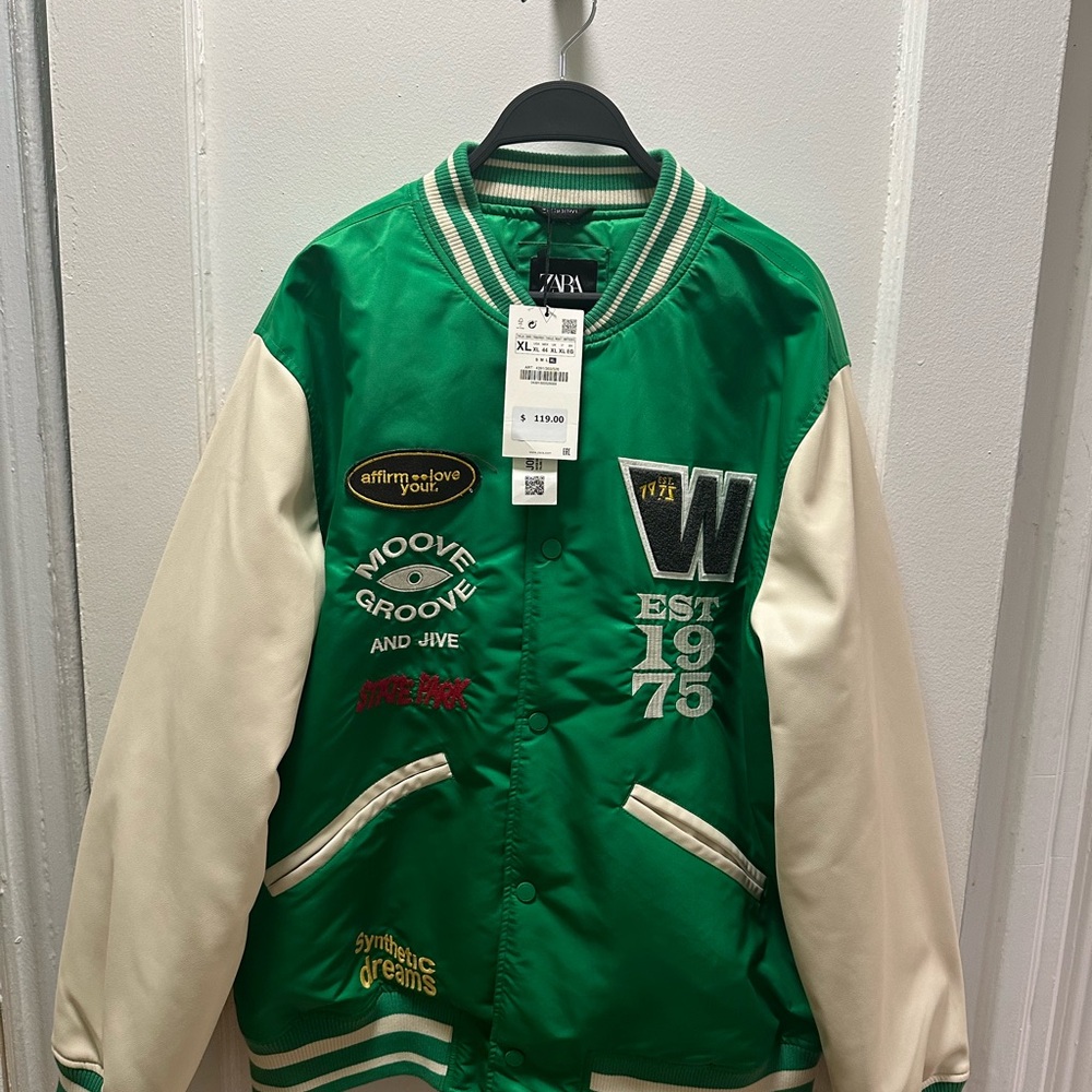 Zara Green and White Embroidered Jacket